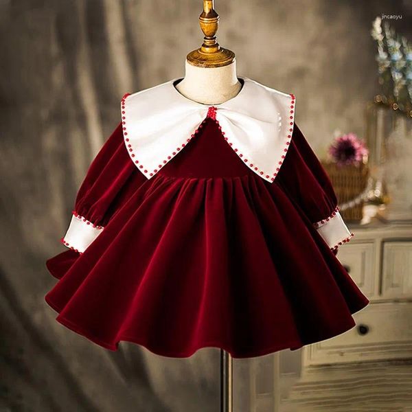 Robes de fille 2024 Robe de fleur rouge vin pour mariage à manches longues bébé filles vêtements de Noël enfant 1ère année fête d'anniversaire robe de bébé