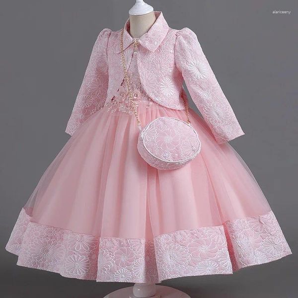 Robes de fille 2024 hiver automne filles robe bouffante fil princesse robe trois pièces ensemble sans manches avec sac manteau pour fête d'anniversaire