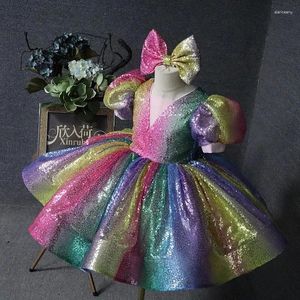 Robes de fille 2024Vêtements pour enfants Bébé Puffy Gauze Anniversaire Colorfu Princesse Robe de cour pour enfants Robe de bal à manches courtes à paillettes