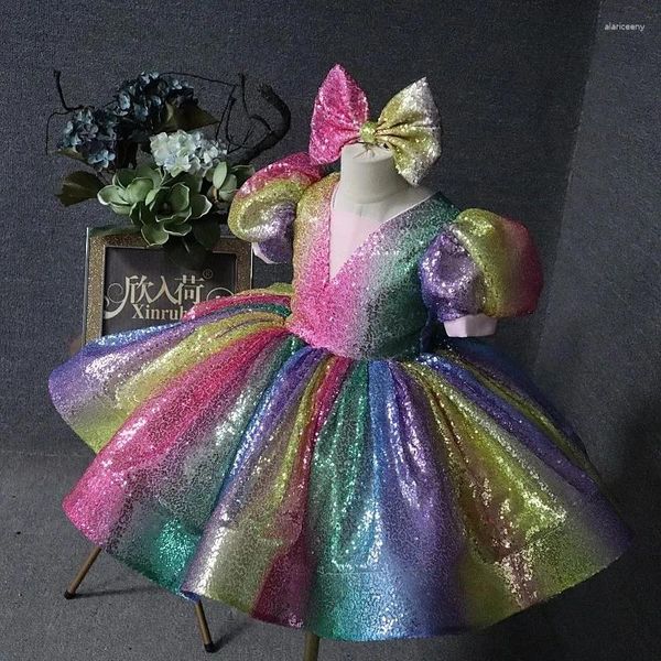 Vestidos de niña 2024, ropa para niños, gasa hinchada para bebé, vestido de corte de princesa colorido de cumpleaños para niños, vestido de baile de manga corta con lentejuelas