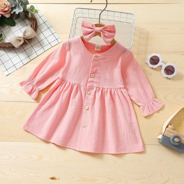 Vestidos de niña 2 PCS Baby Girls Clothing Casual Color Mangas largas Vestido de un solo pecho Centralo para el cabello de 6 meses a 4 años