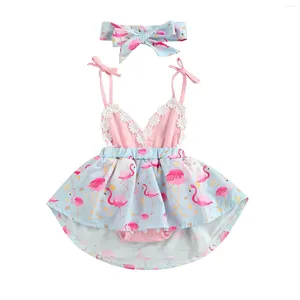 Robes de fille 2pcs Baby Girls tenue Carton d'été Flamingo Impression de fleur Décoration épisser la jupe à manches