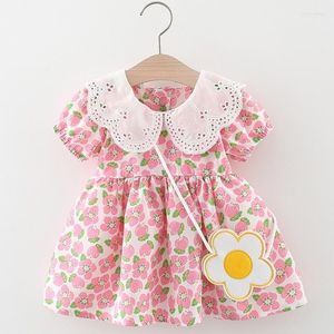 Vestidos de niña 2 unids/set bebé niñas encaje solapa flor de melocotón vestido de gasa 2023 verano versión coreana pequeña bolsa de flores