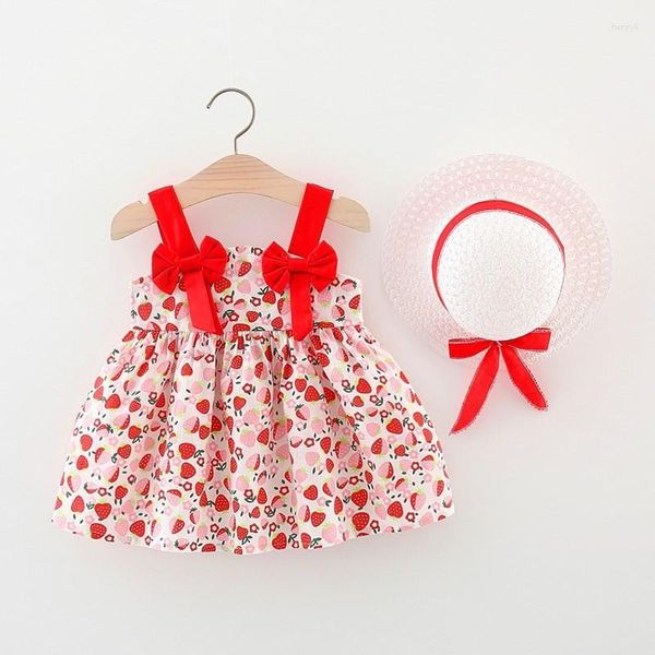 Fille robes 2 pièces été bébé filles robe chapeau fraise imprimer enfant en bas âge enfants vêtements sans manches fête d'anniversaire princesse