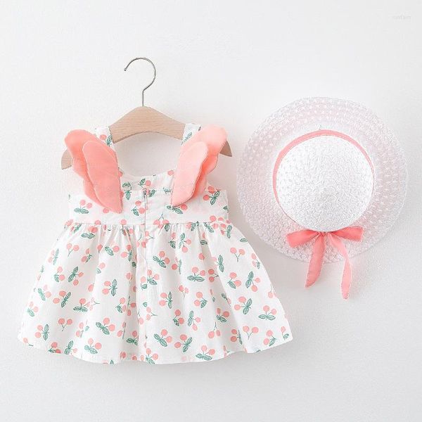 Fille robes 2 pièces été enfant en bas âge filles vêtements ensemble bébé plage mignon ailes points floraux sans manches robe née princesse soleil chapeaux