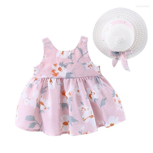 Fille robes 2 pièces né été vêtements ensemble enfant en bas âge coréen fleurs mignon arc sans manches coton bébé plage robe Sunhat BC005-1