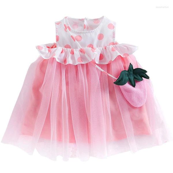 Robes de fille 2 pièces vêtements d'été robe de bébé coréen mignon à points mignons sans manches coton en dentelle princesse sac à fraise pour tout-petit bc809