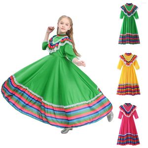 Meisjesjurken 3-12 jaar swing jurk Mexicaans kostuum kinderen lange mouw Halloween Lace Princess Party Party Children Prom Jown Robe