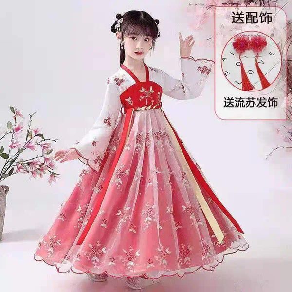 Vestidos de niña 3-8-12T Vestido de primavera y otoño Hanfu Niños Super Inmortal Antiguo Tang Rendimiento de verano