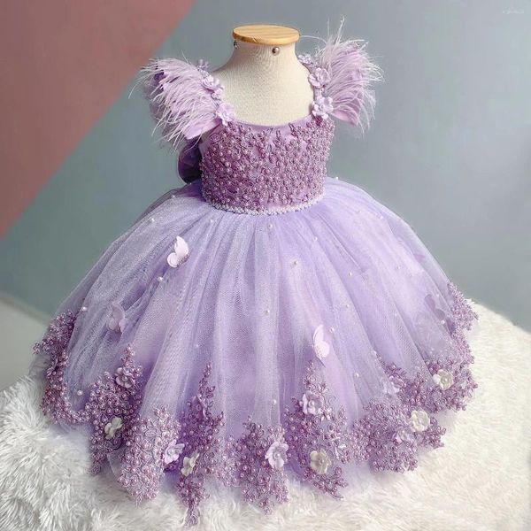 Robes de fille 3D papillon fleur robe de mariage violet luxe plume avec perles arc gonflé tulle fête d'anniversaire première communion robes