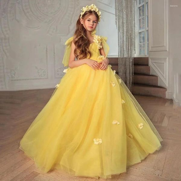 Robes de fille 3D fleur robe jaune pour mariage sans manches arc tulle gonflé princesse enfants fête d'anniversaire première robe de bal de communion