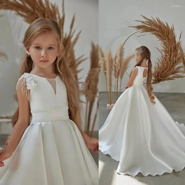 Vestidos de niña Vestido de cuentas de flores en 3D para fiesta de bodas satén de satén blancos A-line de cumpleaños de cumpleaños de cumpleaños