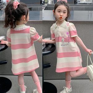 Robes de fille 4-14 ans Girls Dress Summer Cartoon Match Stripe Polo Collar Fashion Princess For Kids Leisure