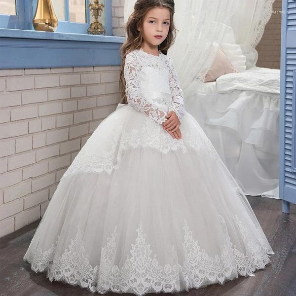 Vestidos de niña de 4 a 14 años, vestido blanco de dama de honor rosa para niñas y niños, vestido de princesa de encaje de manga larga con espalda descubierta para fiesta y boda