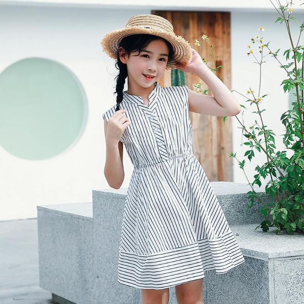 Vestidos para niñas de 4 a 14 años, vestido de algodón para niñas, ropa coreana para bebés, camisa a rayas para niños, vestido veraniego blanco y negro con botones A497