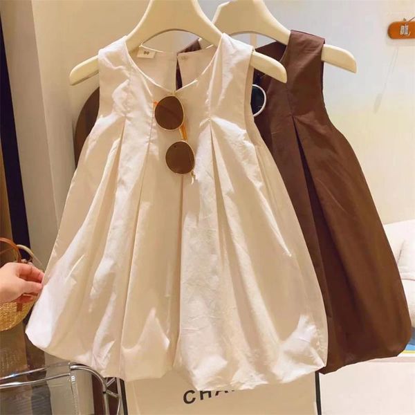 Robes de fille 5618c enfants robe 2024 été Simple mode couleur unie fille plissée bourgeon gilet princesse