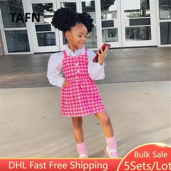 Vestidos de niña 5Sets Bulk Byle -Mayor Princesa Pink Dress Set Mangas de linterna Camisa Vestible a cuadros Falda de 3 piezas Autumn Girls Outfits M639