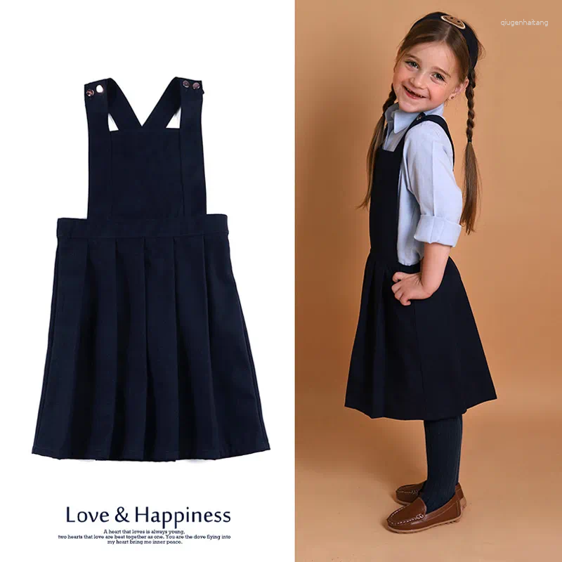 Vestidos de niña 5T-9T Faldas plisadas con tirantes para niñas y niños pequeños Vestido de puente de uniforme escolar personalizado azul marino clásico Una línea de ropa de primavera y otoño