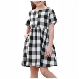 Meisjesjurken 6-13 jaar kinderen zomerjurk peuter kinderen meisjes meisjes knopen geplooide taille losse casual plaid prinses vestido infantil