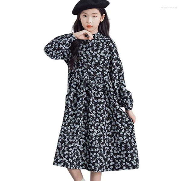 Vestidos para niñas de 6 a 16 años, vestido acampanado de poliéster Floral para niñas adolescentes, otoño e invierno, ropa informal de manga larga a la moda para niños