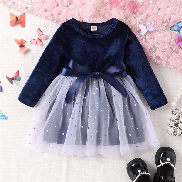 Vestidos de niña 6M-5Y, vestido de princesa de otoño para niñas, lentejuelas de terciopelo, estrellas, malla en capas, lazo de tul, cuello redondo, manga larga