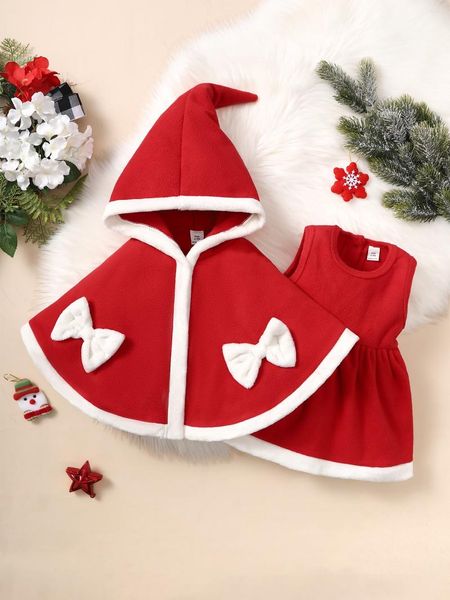 Robes de fille Un ensemble de robe adapté pour bébés filles de 6 à 36 mois col rond sans manches rouge mignon magique petit chapeau cape à capuche noeud papillon fourrure