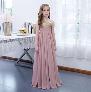 Robes de fille A-ligne étage longueur robe de demoiselle d'honneur junior fête en mousseline de soie sans manches une épaule avec plis