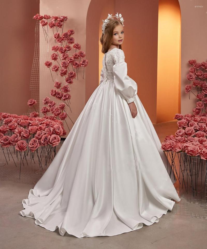 Платья для девочек, трапециевидное платье с цветком на свадьбу, атласное длинное платье с длинными рукавами и жемчугом для девочек, платье для первого причастия