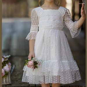 Robes pour fille Trapèze Longueur au genou Fête fleurie Tulle Demi-manches Col bijou avec Tier