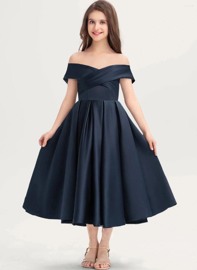 Girl Dresses A Line Off The Shoulder Tea Length Satin Junior Bridesmaid Dress Evening Elegant Banquet Gowns