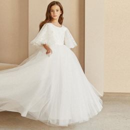 Fille robes une ligne fleur blanche gonflé Tulle longueur de plancher avec appliques 2023 printemps enfant robe De mariée Vestidos De N