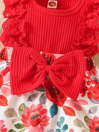 Robes de fille Adorable robe barboteuse à bulles florales avec jupe tutu à nœud papillon et bandeau pour les bébés filles nées - Ensemble de tenue complet