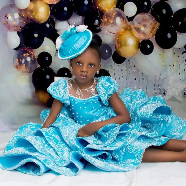 Vestidos de niña Flor azul africana para la boda Apliques de encaje completo Manga corta Fiesta de cumpleaños del bebé Niños pequeños