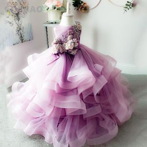 Meisje jurken amaranth prinses kanten puffy bloemen mouw schattige verjaardag trouwfeest baby jurk