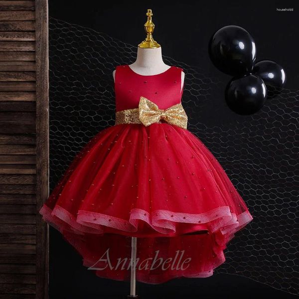 Vestidos de niña Vestido de princesa Annabelle Sin mangas Sin respaldo Rojo Blanco Fiesta de boda hinchada con vestido de cumpleaños con cuentas