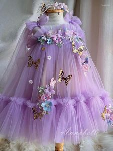 Robes de fille Annabelle Robe violette pour 3D Flower Spaghetti Strap de mariage Party Tulle Robe d'anniversaire d'été