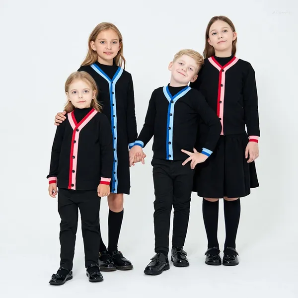 Robes de Fille AP Stripe Cardigan Collection Garçons Filles Deux Tons Col en V Famille Vêtements Assortis Adolescent Enfants Mode Coton Casual Set Top Dress