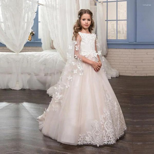 Robes de fille Applique fleur pour mariage Tulle dentelle avec nœud longueur de plancher sans manches enfants première Communion robes de bal