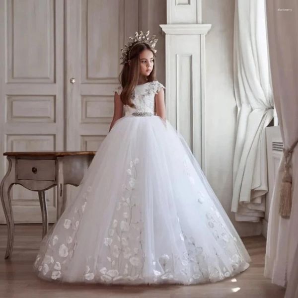 Robes de fille Applique dentelle Tulle robe à fleurs pour mariage bouffant sans manches Banquet première Communion robe bijou ceinture princesse enfant