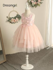 Fille Robes Appliques Filles Princesse Petit Enfant Fleur Pour Les Mariages Tulle Dentelle Rose Tiered Thé Longueur