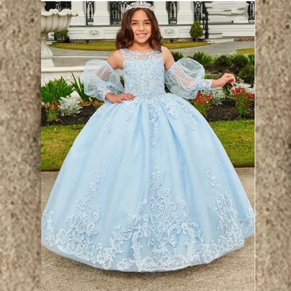 Vestidos de niña Apliques de encaje Vestido de flores de tul Vestido de fiesta Princesa hinchada Primera comunión con manga de volante extraíble Linda Navidad