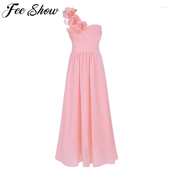 Robes de fille Arrivée Enfant Filles Enfant Fleur En Mousseline De Soie Tulle Dentelle Robe De Soirée Et De Mariage Demoiselle D'honneur Une Épaule Formelle D'été Maxi