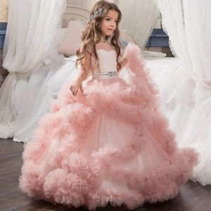 Robes de fille arrivée rose Tulle exquise dentelle robe de princesse longueur cheville fête de baptême filles robe d'anniversaire de mariage