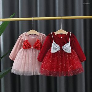 Fille Robes Automne 1er Anniversaire Bébé Filles Une Pièce Robe À Paillettes Arc Maille Princesse Fête Enfants Tutu Mignon Toddler Vêtements Vestidos