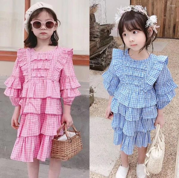 Robes de fille automne 2024 Baby Girls Vêtements robe rose rose Plaid Coton Coton trois quarts Sweet Kids Princesse