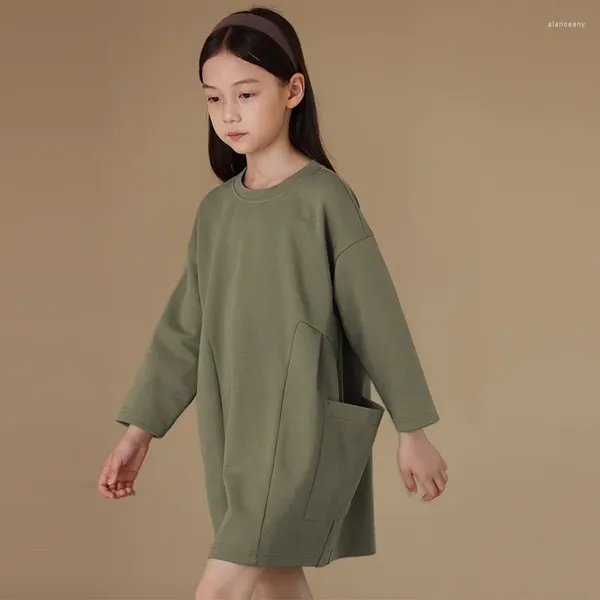 Vestidos de niña, ropa de otoño para niños, Vestido de manga larga, moda de cuello redondo, diseño de Panel plisado, informal para niños y niñas