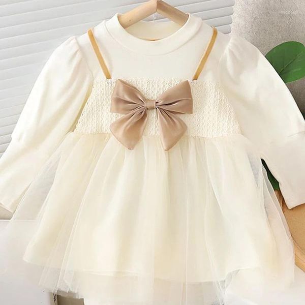 Robes d'automne pour filles, robe de princesse en coton, manches longues, avec gros nœud papillon, Tutu en maille, vêtements de fête pour bébés de 6 mois à 5 ans