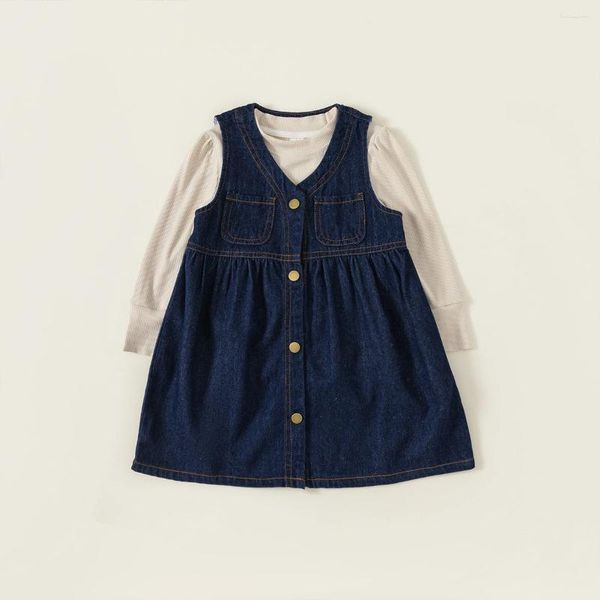 Robes d'automne pour filles, gilet, jupe, costume, haut de couleur unie, robe en Denim, manches longues, ensemble de vêtements pour enfants