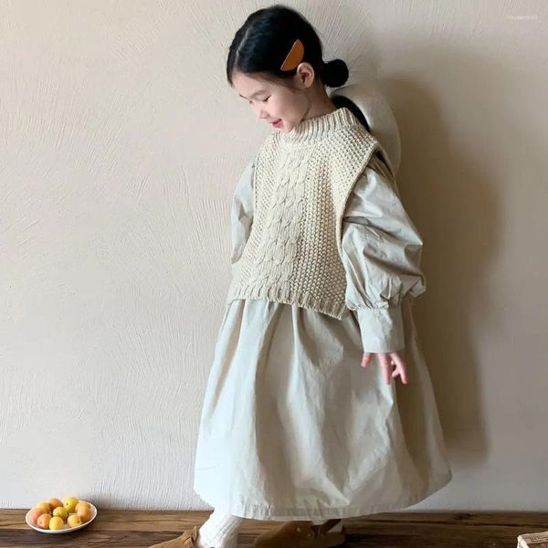 Robes d'automne pour filles, tenue de princesse coréenne à manches bulles, couleur unie, vêtements pour enfants, gilet ample tricoté, ensemble de vêtements
