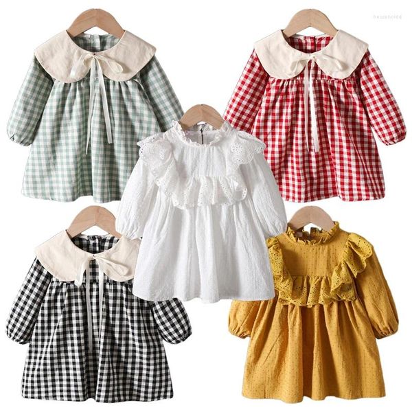 Robes d'automne Style coréen pour petites filles, tenue décontractée à carreaux, manches longues, grand col rabattu, vêtements de princesse pour enfants, printemps